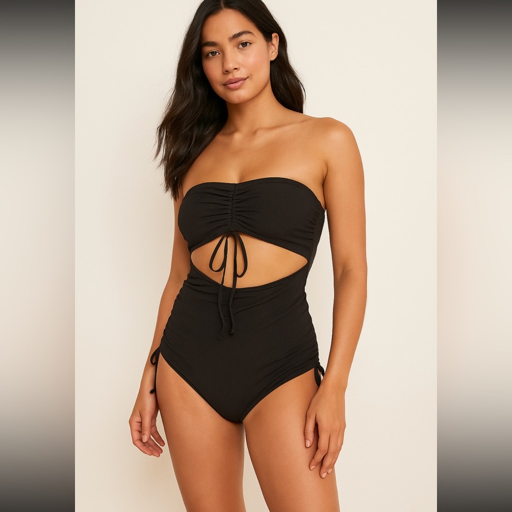 Aerie Black Strapless One Piece Swimsuit Small Long Cutout Ruched